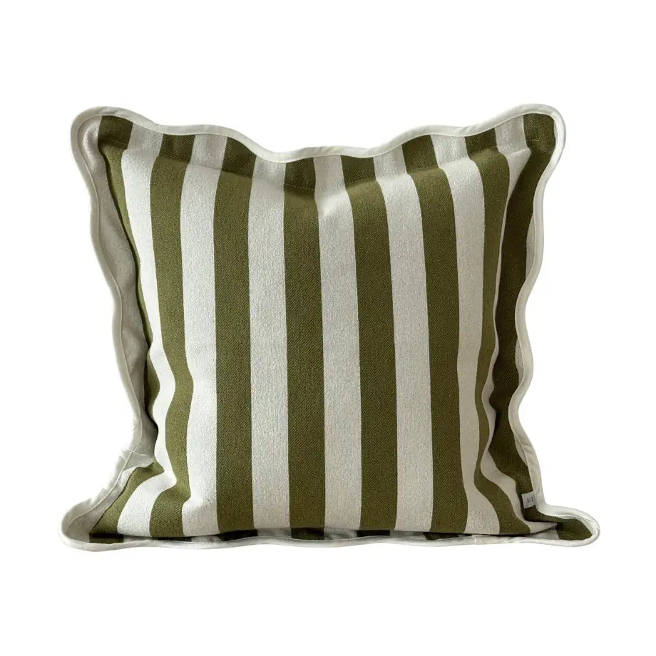 Chloe olive stripe scalloped edge cushion