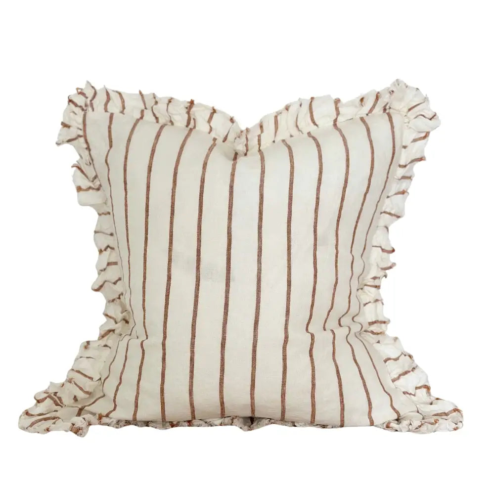 Hallie ruffled linen cushion thin brown stripe