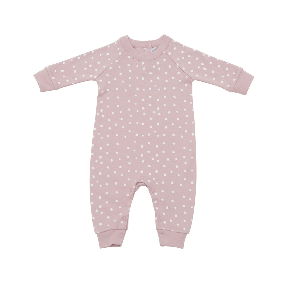 Purple and white spot baby grow