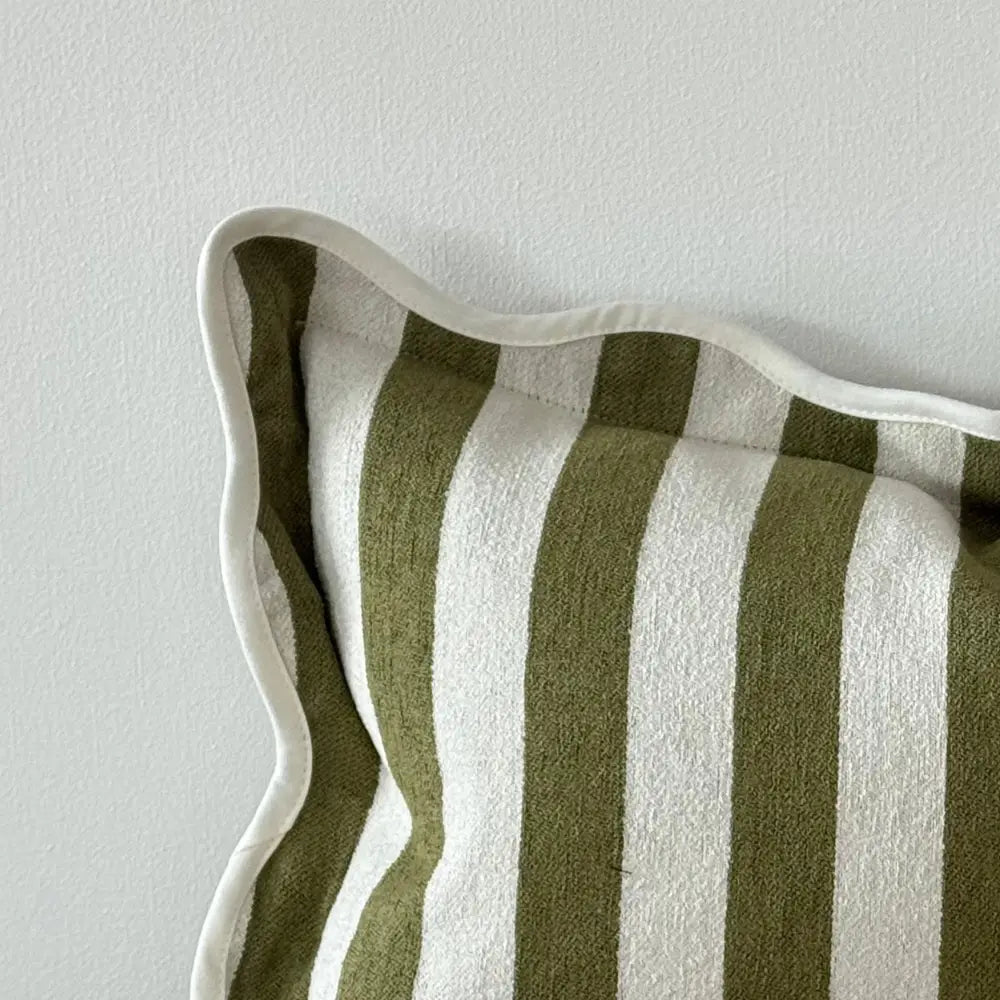 Chloe olive stripe scalloped edge cushion