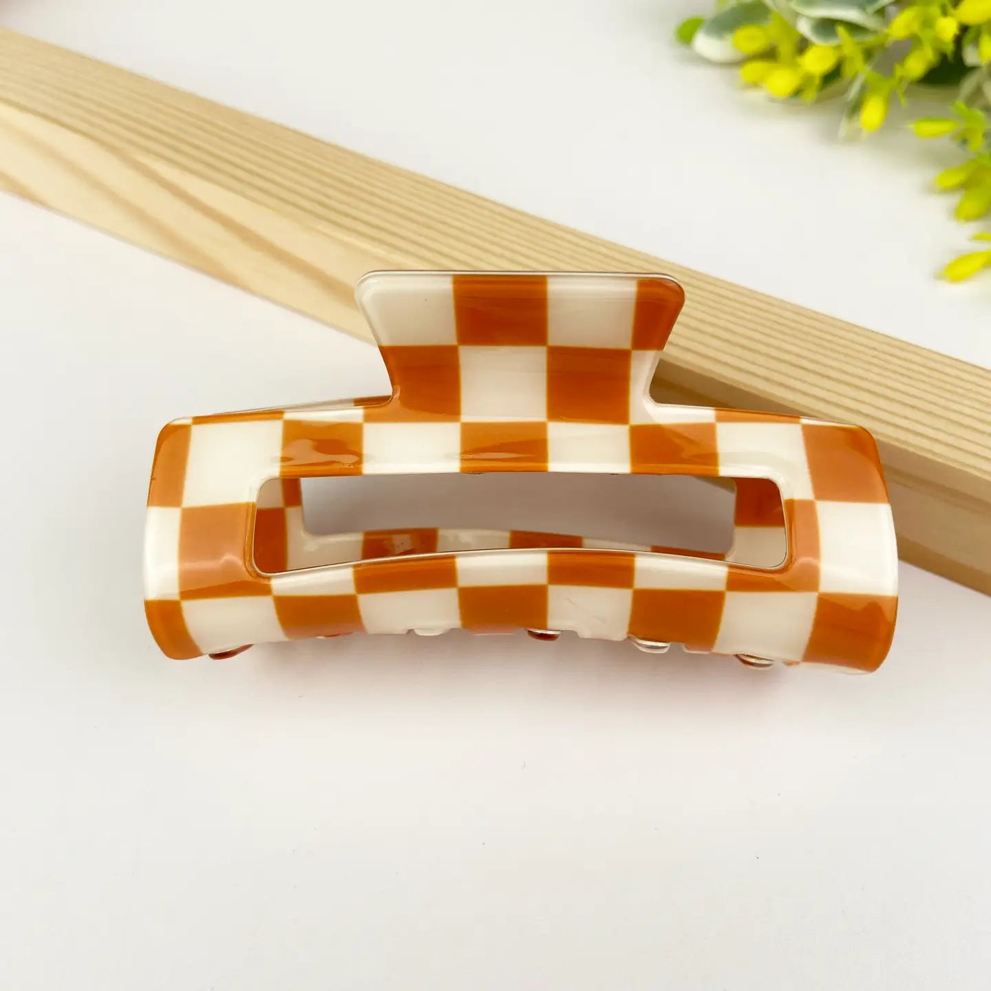 Checkboard retro hair claw clip - orange and white