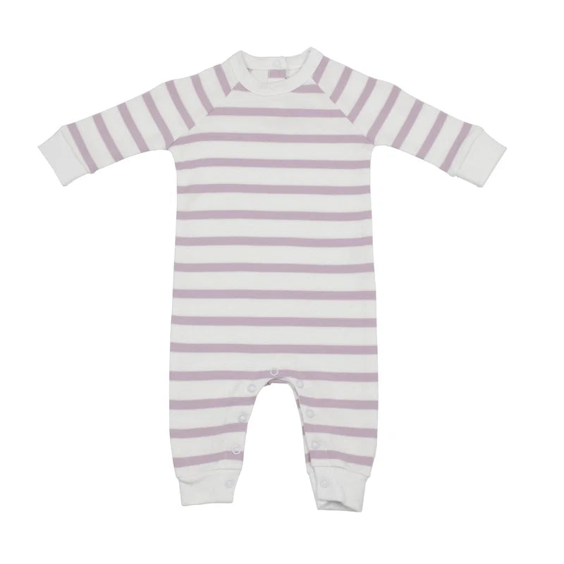 Purple and white striped baby grow
