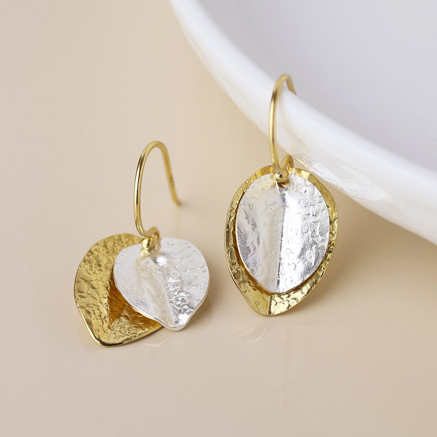 14k gold plated silver layered leaf earrings