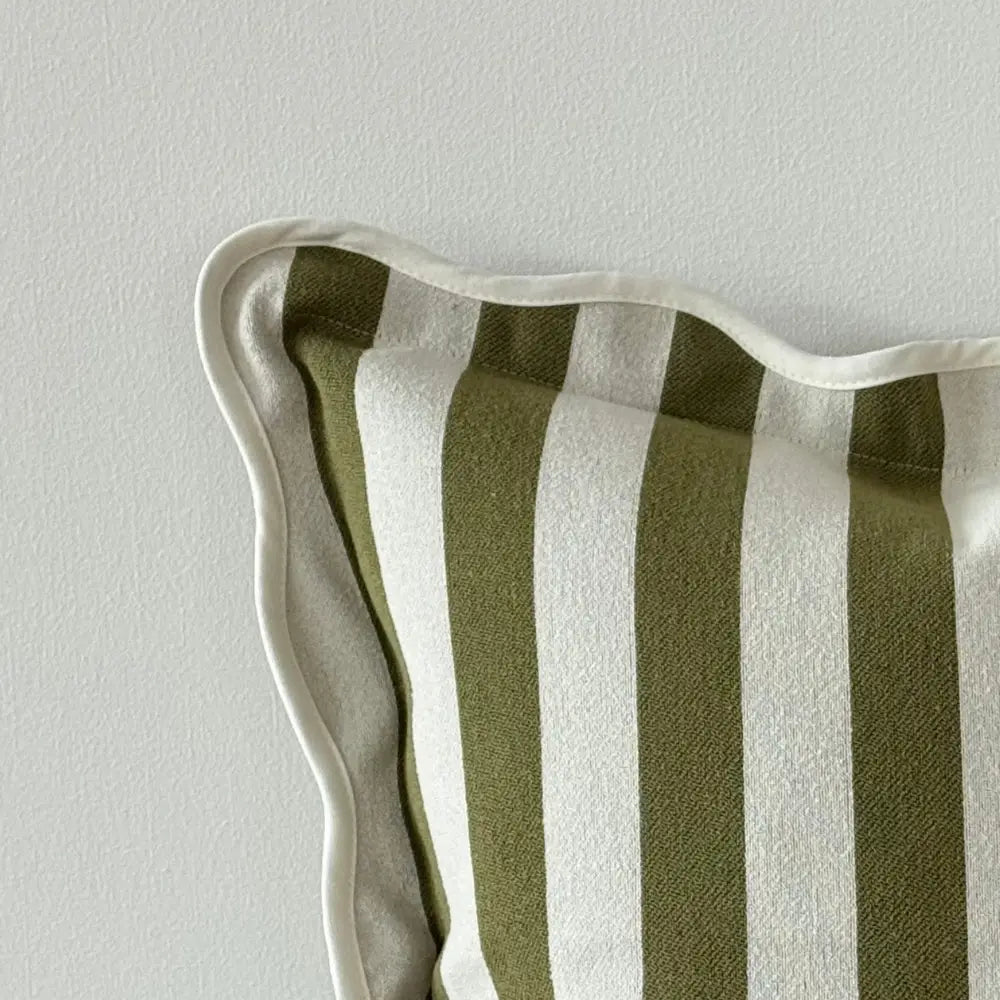Chloe olive stripe scalloped edge cushion