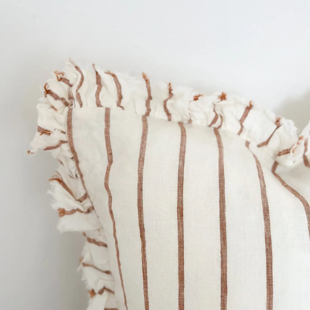 Hallie ruffled linen cushion thin brown stripe