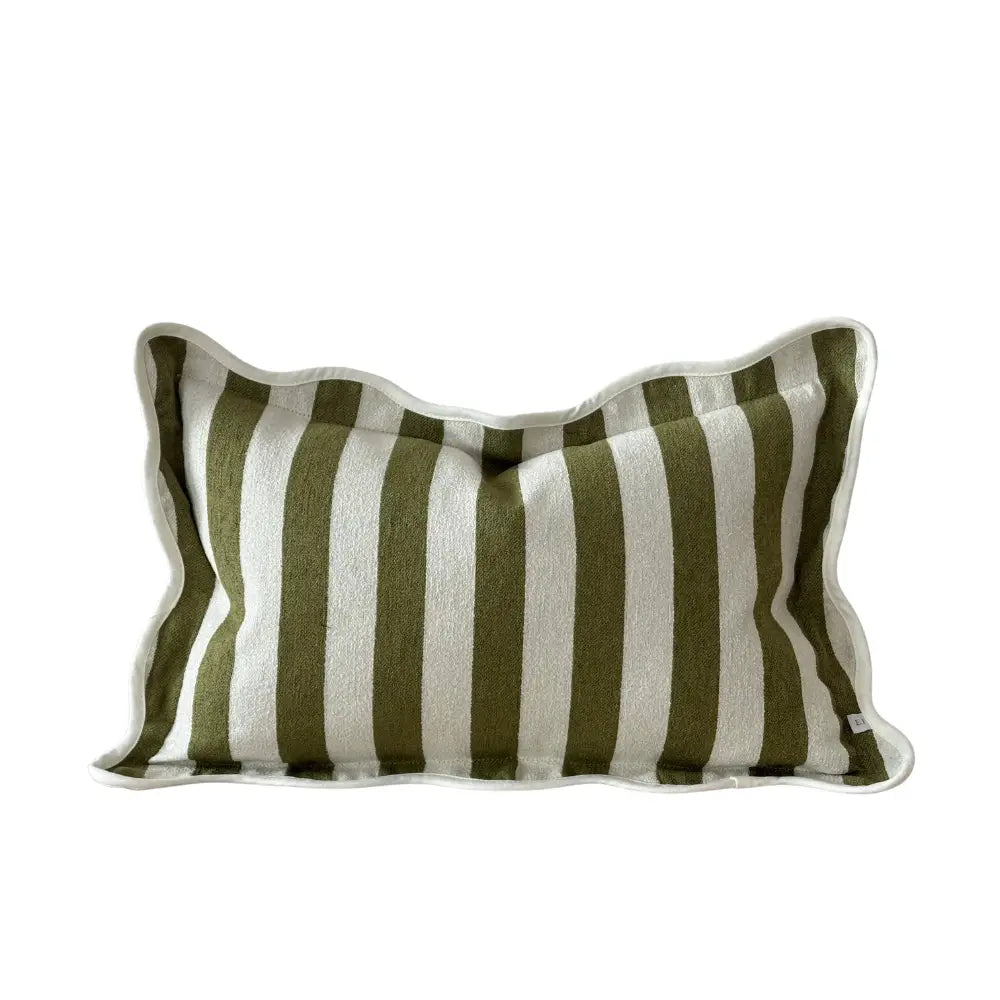 Chloe olive stripe scalloped edge cushion