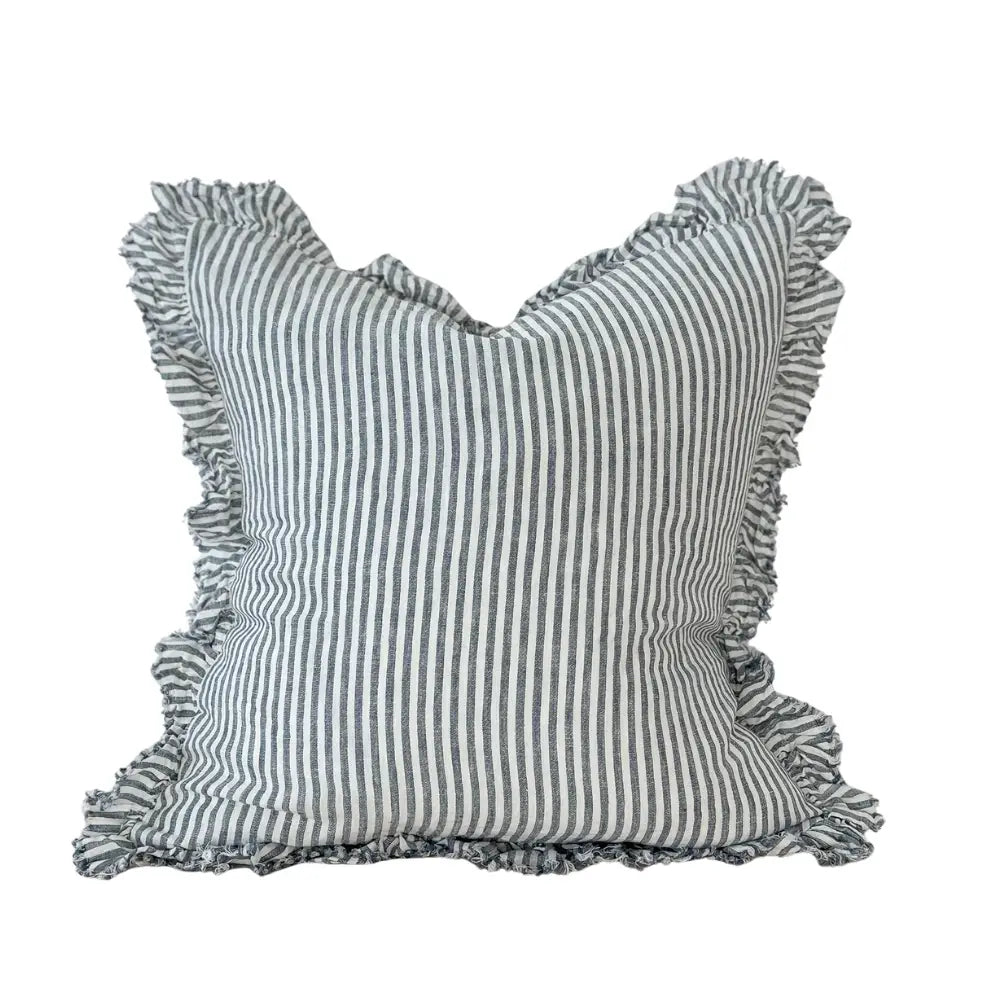 Hallie ruffled linen cushion thin blue stripe