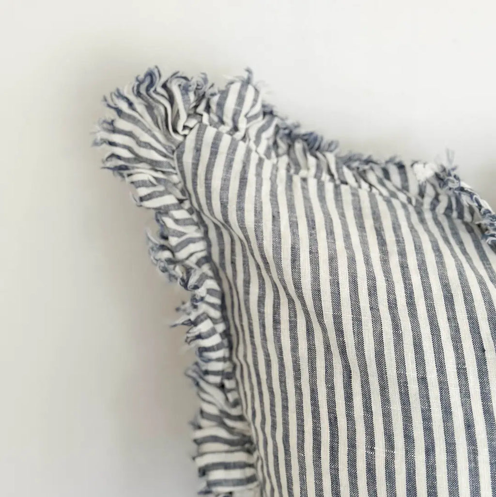 Hallie ruffled linen cushion thin blue stripe